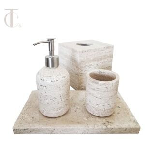 BATHROOM SET, KLEENERA, TRAY, TUB AND DISPENSER MADE OF NATURAL MARBLE STONE