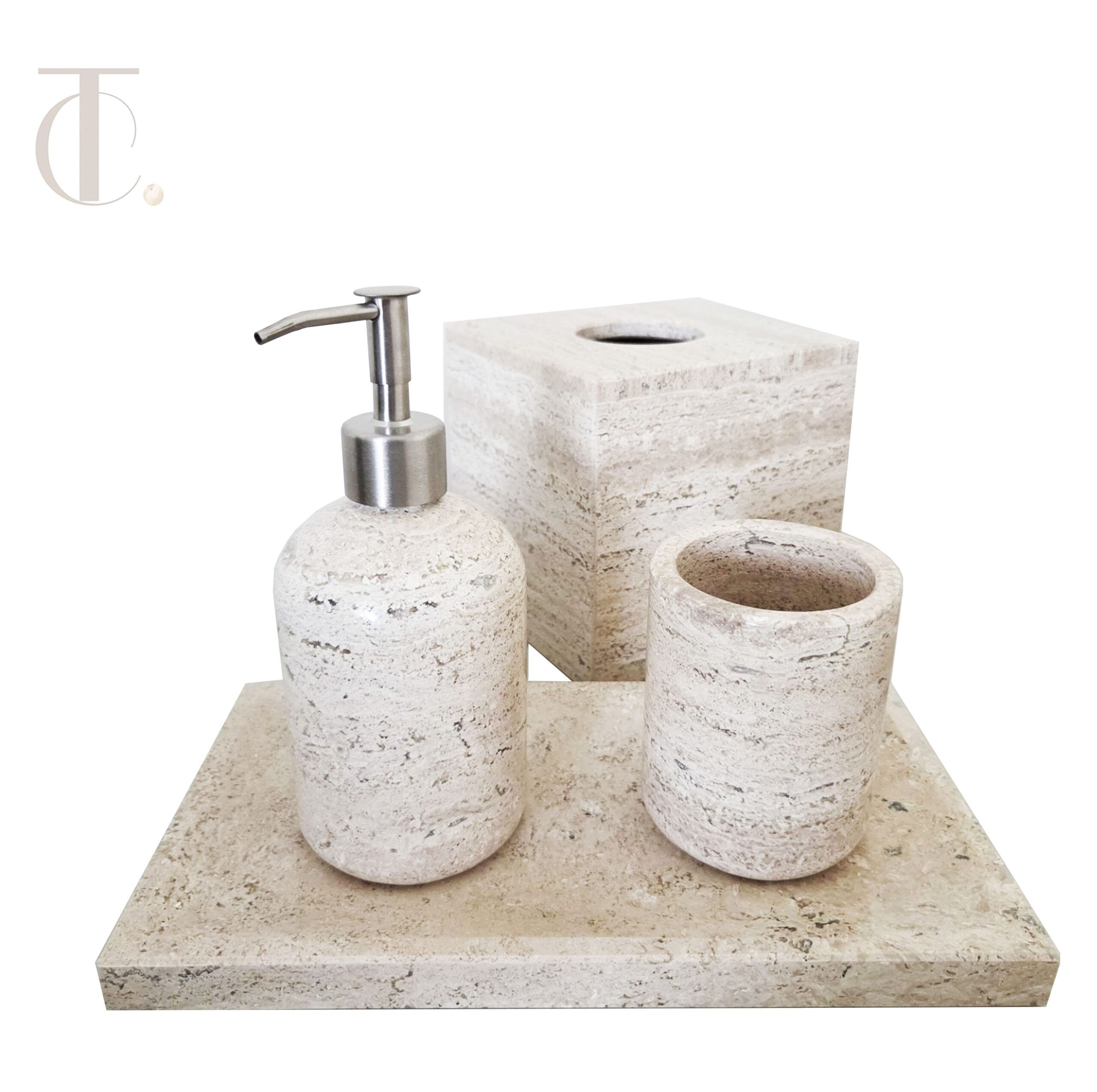 BATHROOM SET, KLEENERA, TRAY, TUB AND DISPENSER MADE OF NATURAL MARBLE STONE