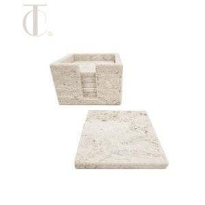 Handcrafted Natural Marble Coaster Set – Square Stone Drink Holders with Matching Base (Set of 6)