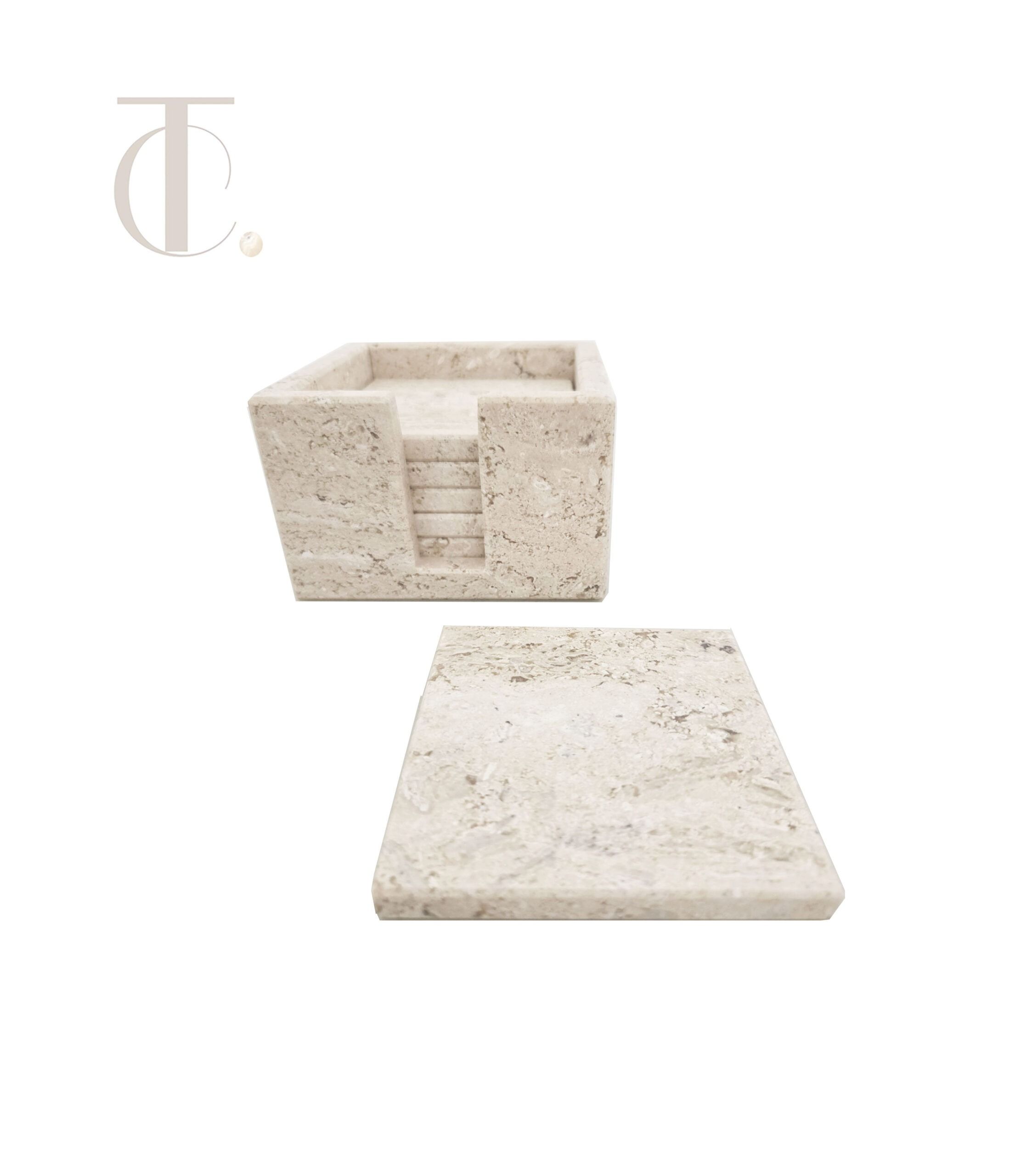 Handcrafted Natural Marble Coaster Set – Square Stone Drink Holders with Matching Base (Set of 6)