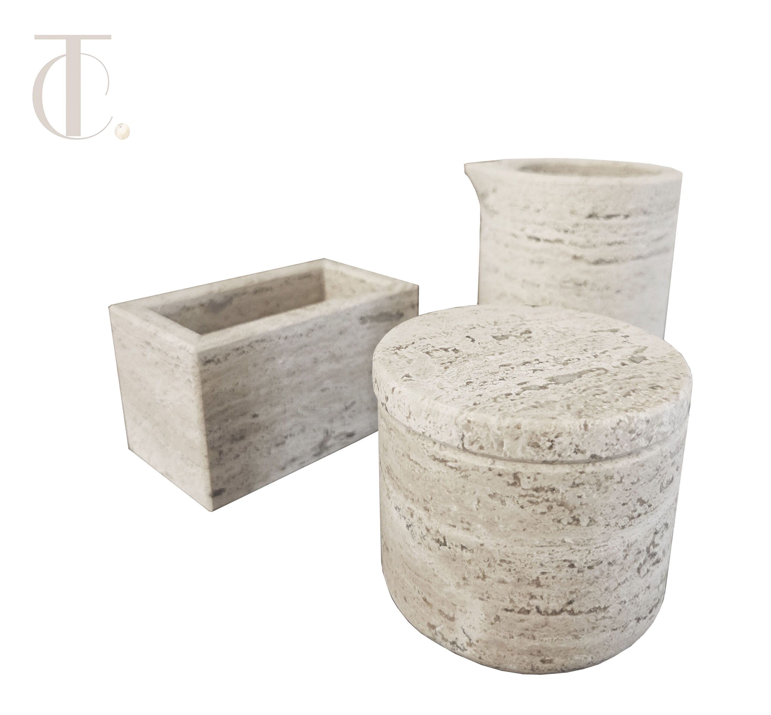 Hand-Carved Natural Travertine & Marble 3-Piece Coffee Service Set