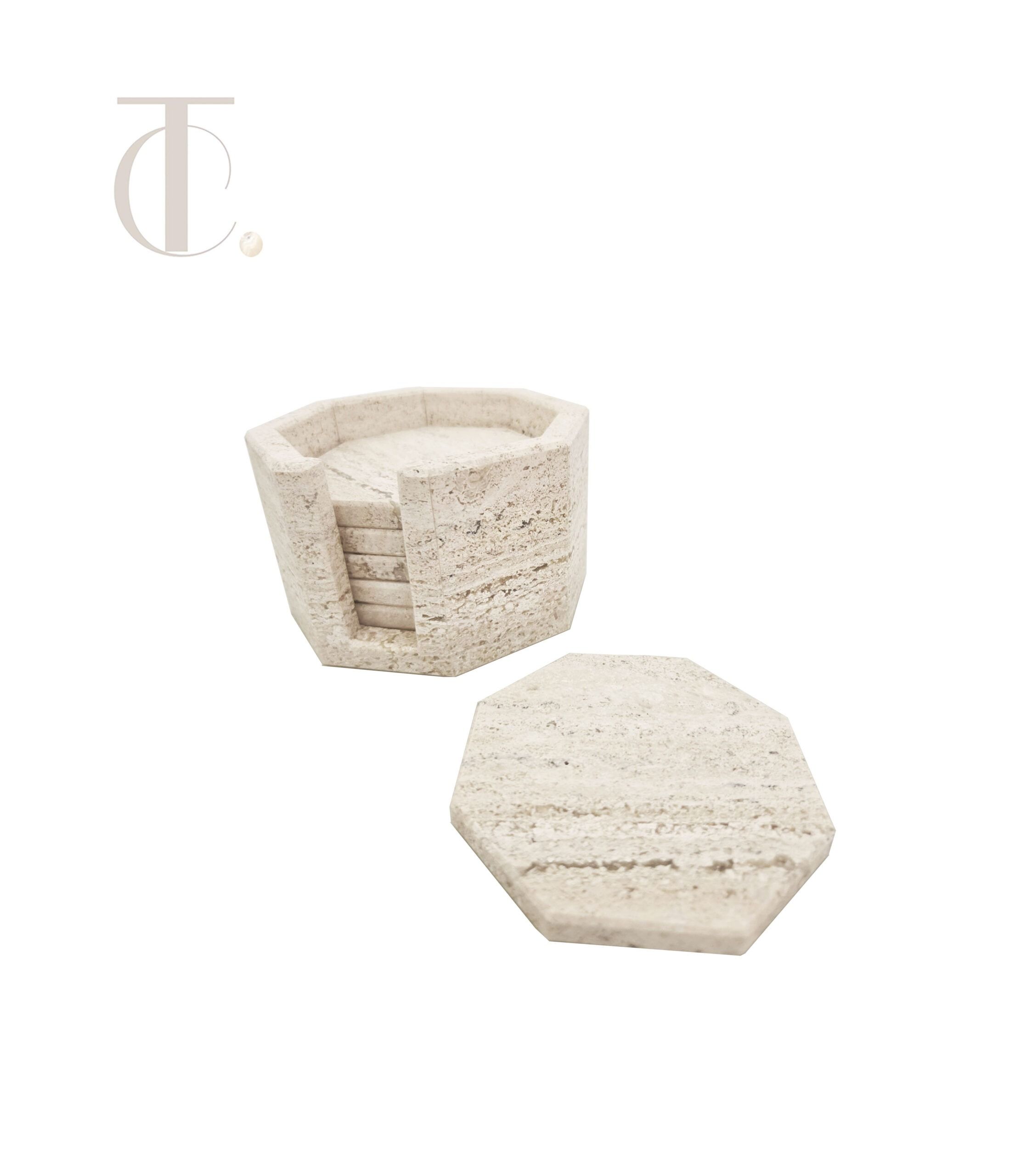 Handcrafted Octagonal Marble Coaster Set – 6 Pieces with Matching Holder