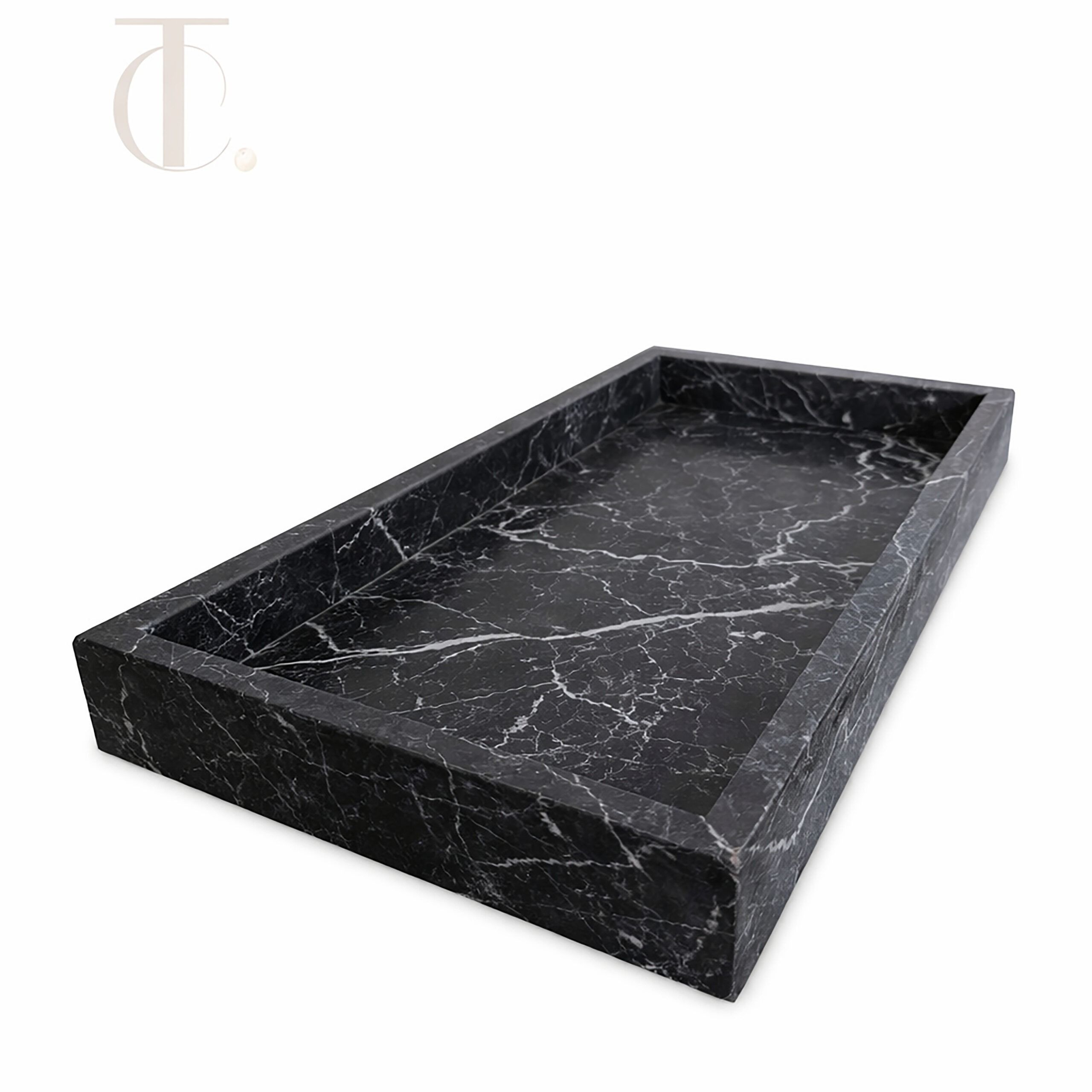 Handcrafted rectangular natural stone amenity tray in light marble for luxury hotel rooms