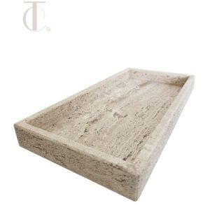 Handcrafted rectangular natural stone amenity tray in light marble for luxury hotel rooms