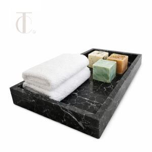 Handcrafted rectangular natural stone amenity tray in light marble for luxury hotel rooms
