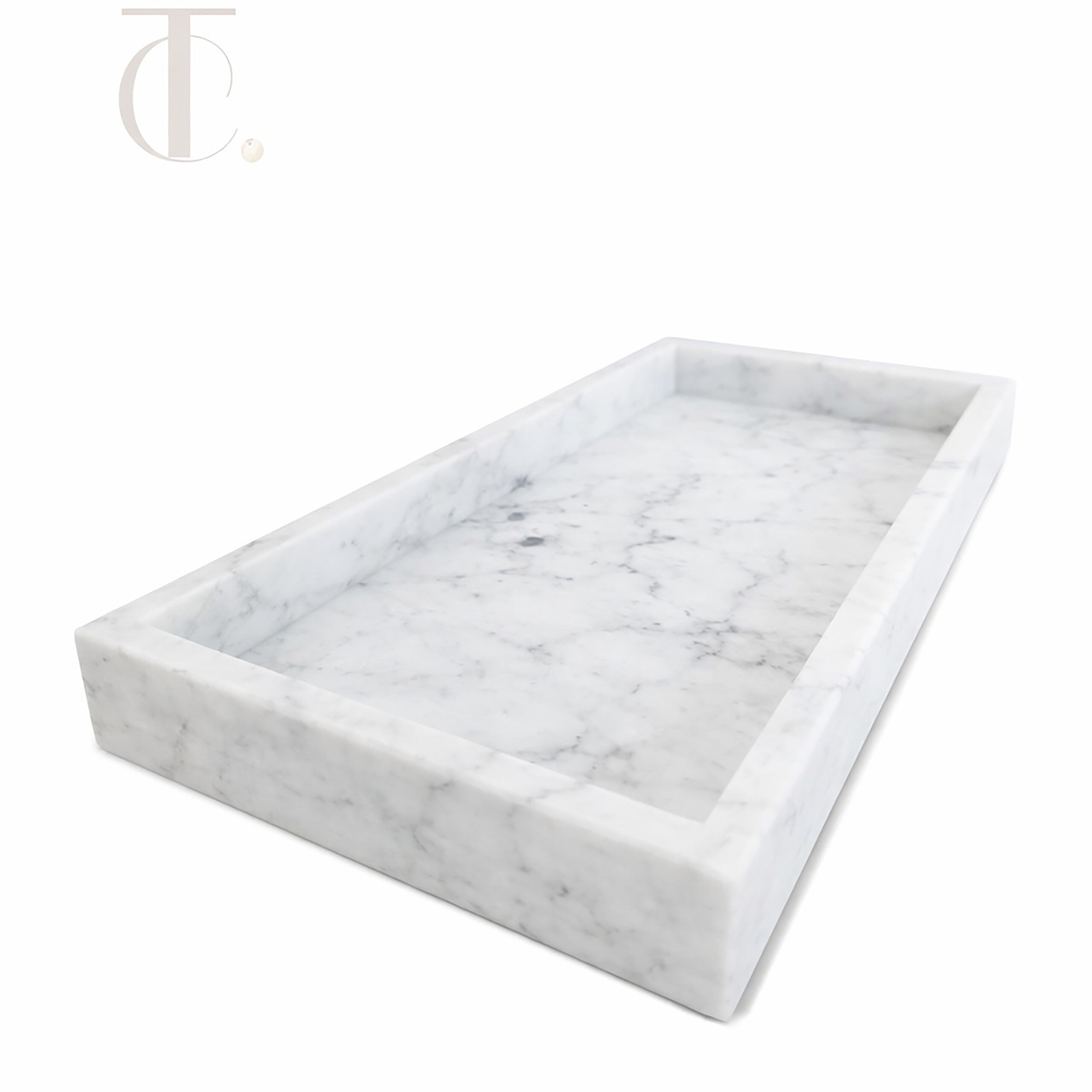 Handcrafted rectangular natural stone amenity tray in light marble for luxury hotel rooms