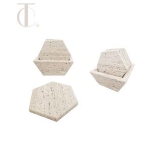Hand-carved hexagonal travertine marble coasters with storage box set of 6