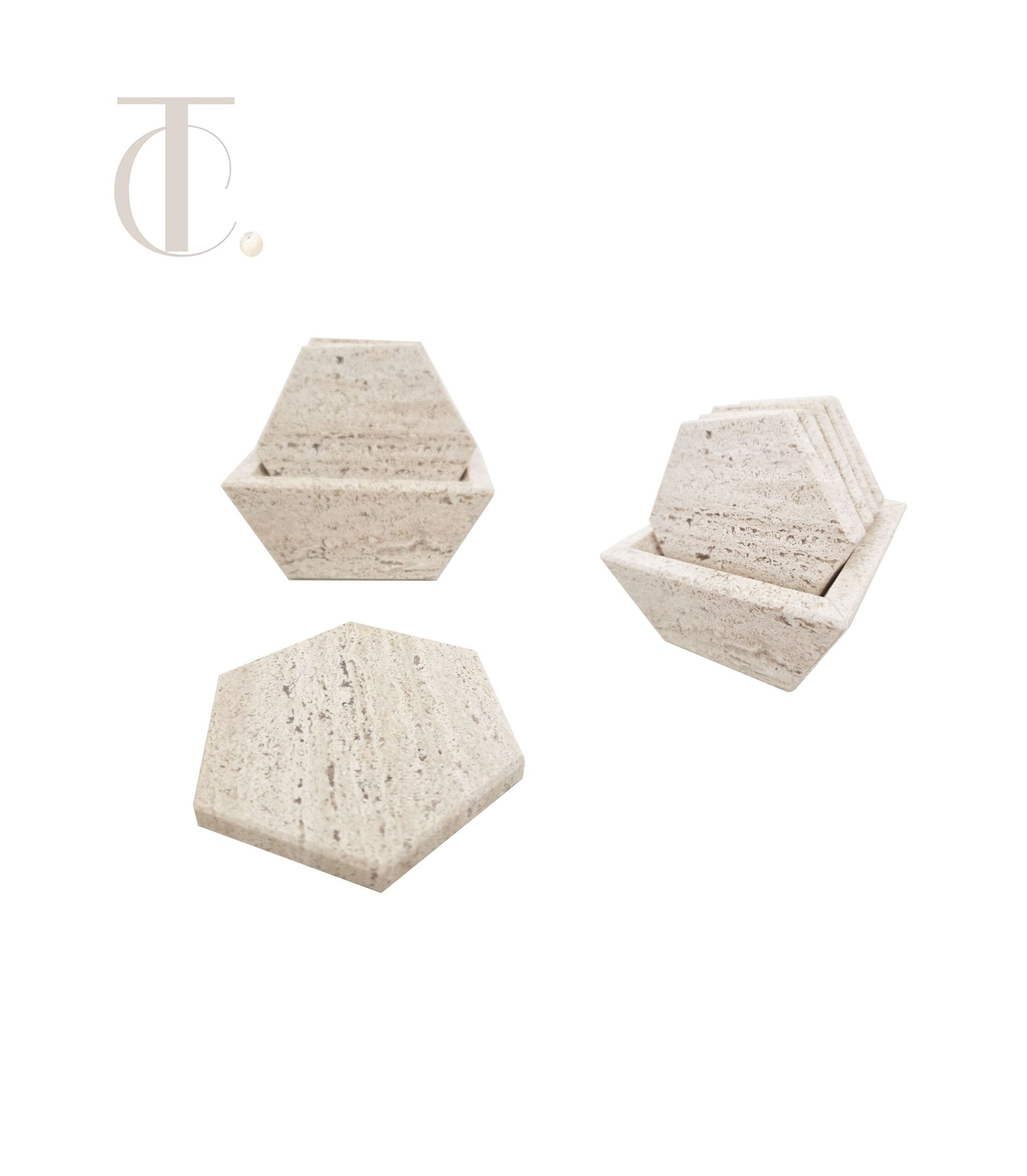 Hand-carved hexagonal travertine marble coasters with storage box set of 6